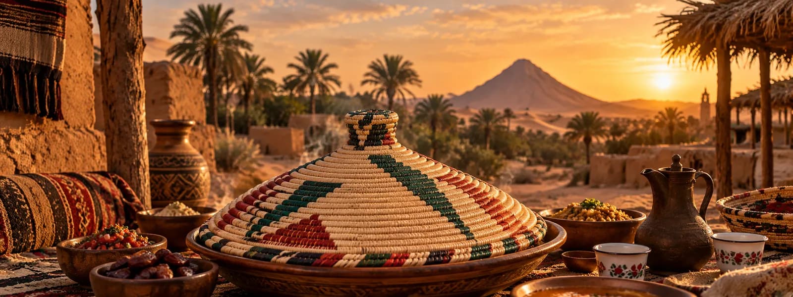 A woven birtal covering a shared meal on a Sudanese table at sunset